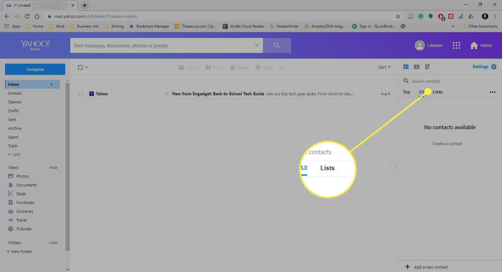 Snímek obrazovky karty Kontakty Yahoo Mail se zvýrazněnou sekcí Seznamy