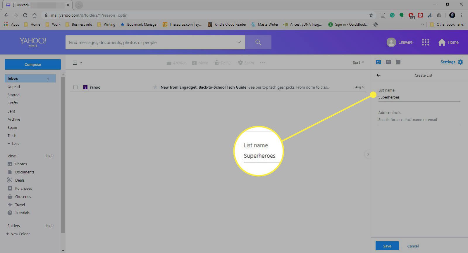Snímek obrazovky Yahoo Mail se zvýrazněným polem Název seznamu