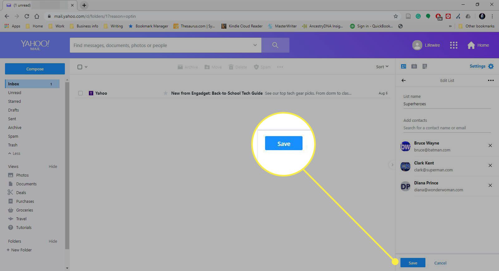 Snímek obrazovky se seznamem v Yahoo Mail se zvýrazněným tlačítkem Uložit