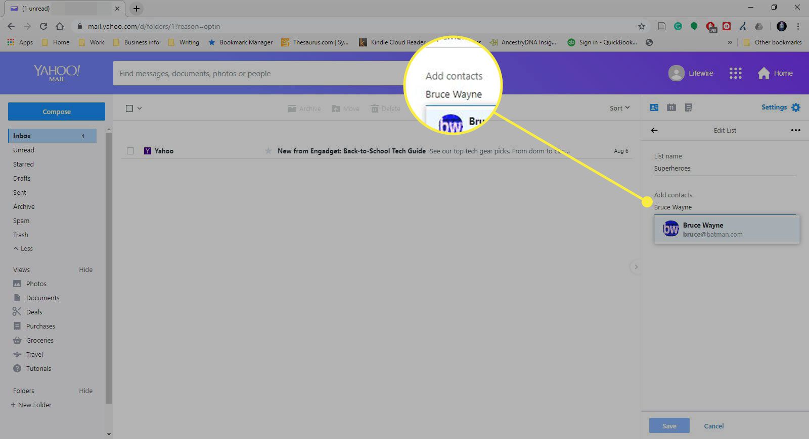 Snímek obrazovky se seznamem v Yahoo Mail se zvýrazněným kontaktem