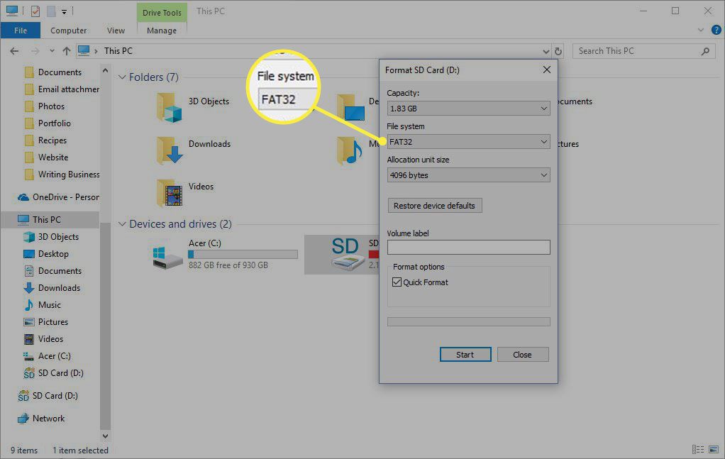 možnosti formátu pro kartu SD pomocí systému Windows