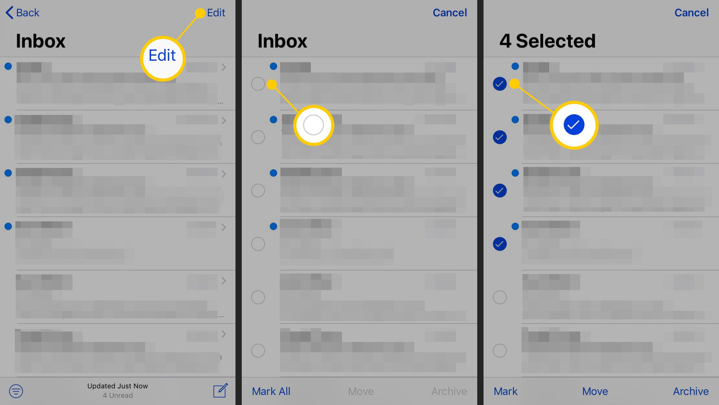 Výběr e-mailů, které chcete upravit na iPhone