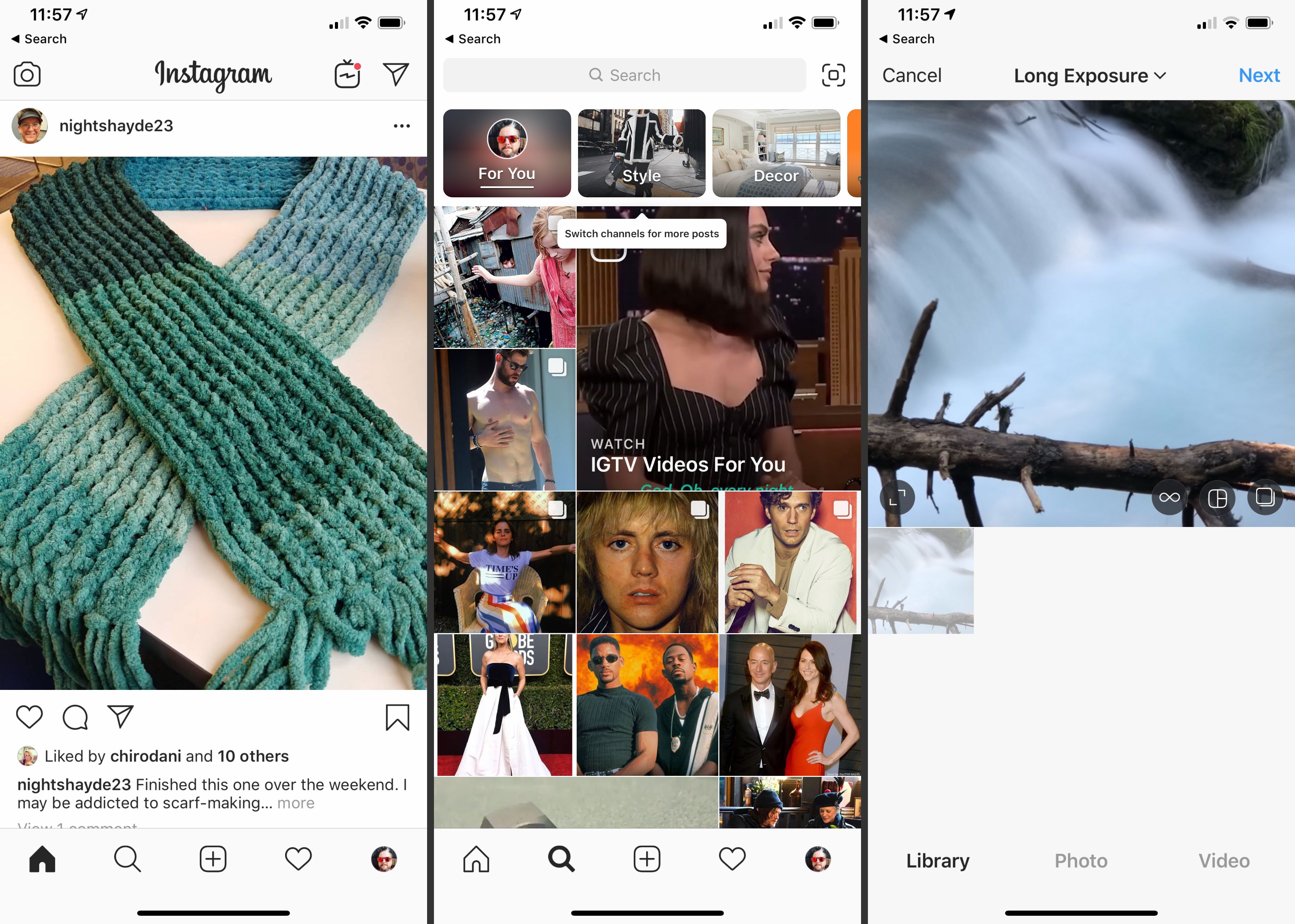 Tři obrazovky Instagramu pro iOS