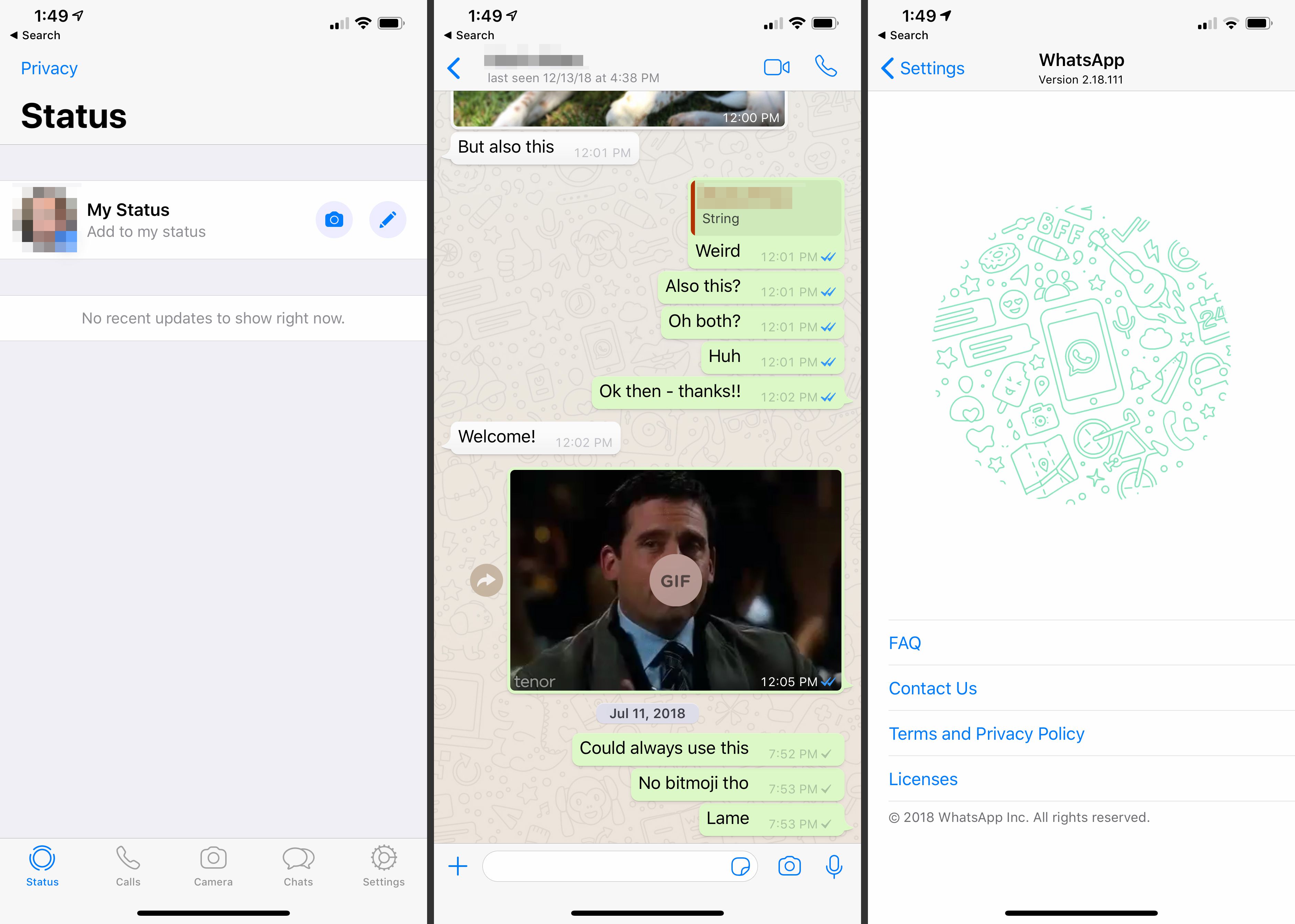 Tři obrazovky WhatsApp na iOS
