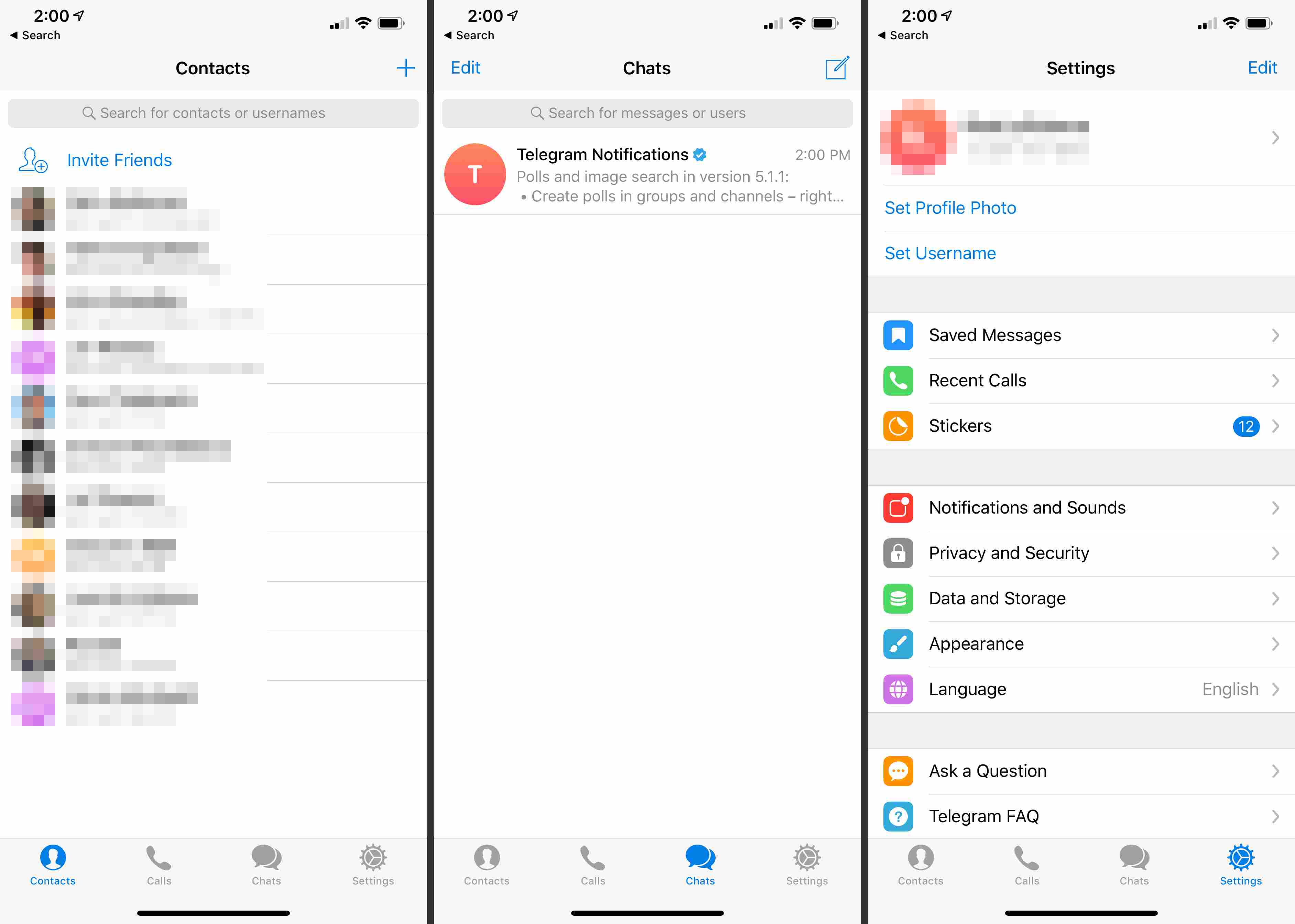 Tři obrazovky iOS od Telegramu
