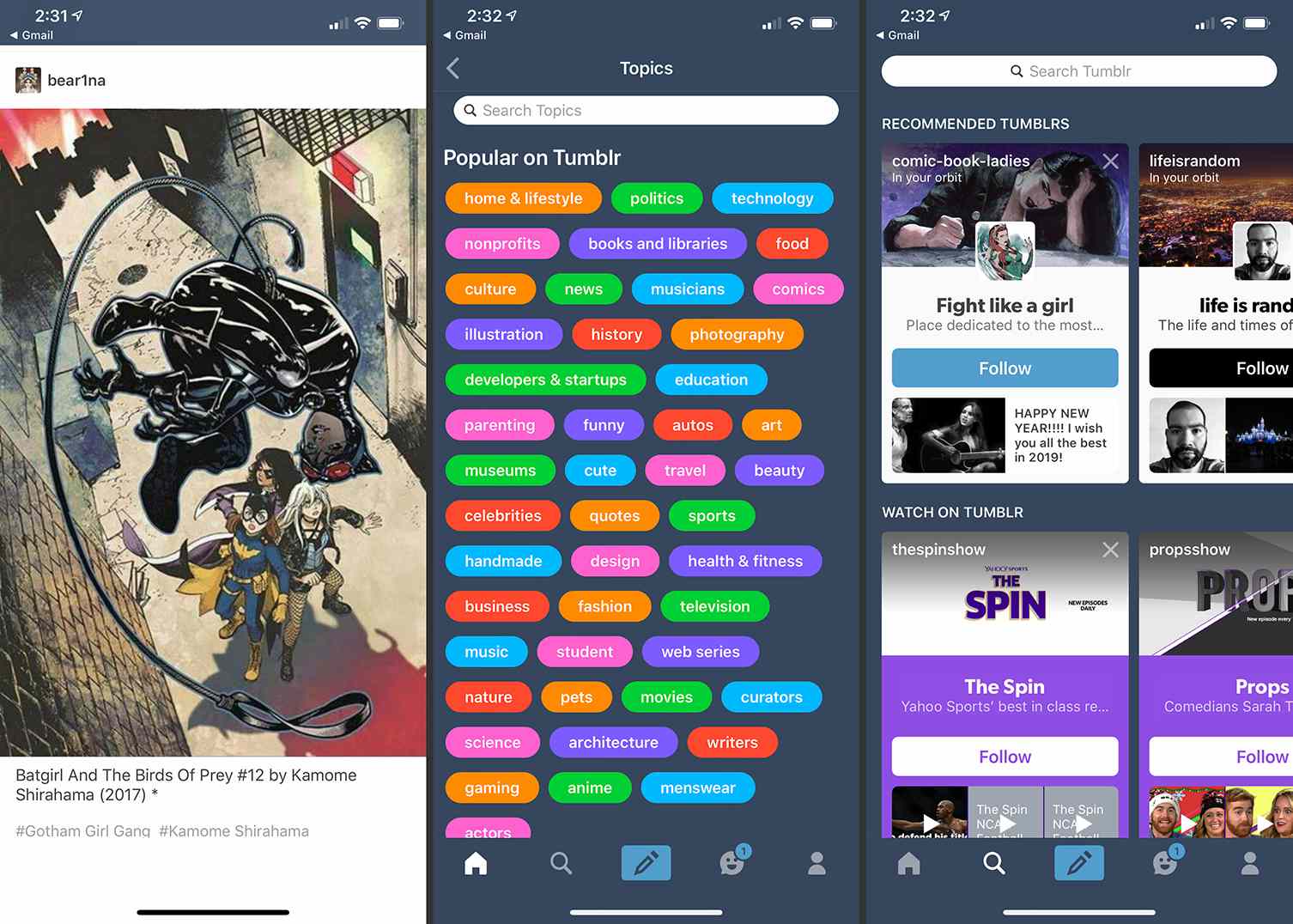 Tři obrazovky iOS z aplikace Tumblr
