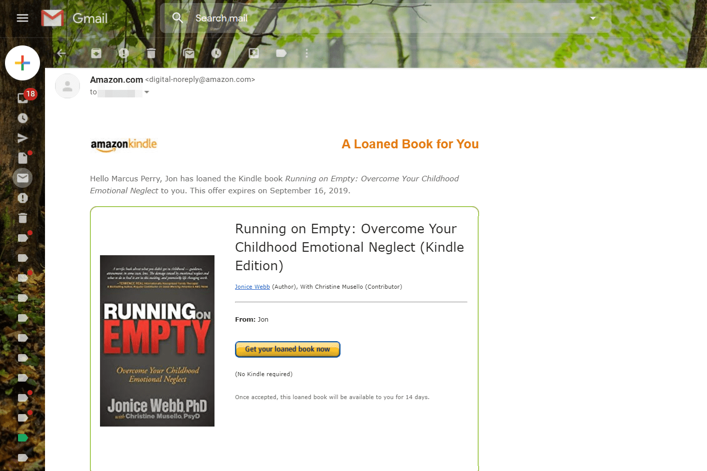 E -mail ukazující, jak získat zapůjčenou knihu od Amazonu