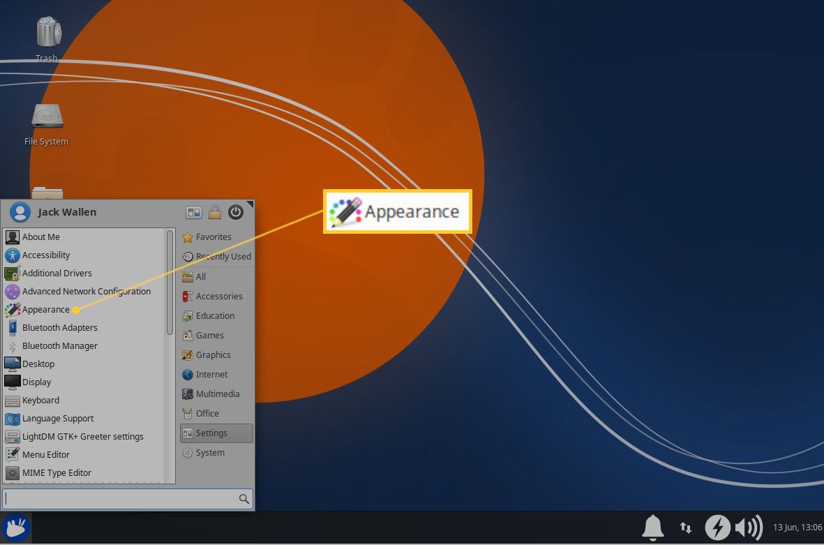 Snímek obrazovky položky nabídky Vzhled Xfce.