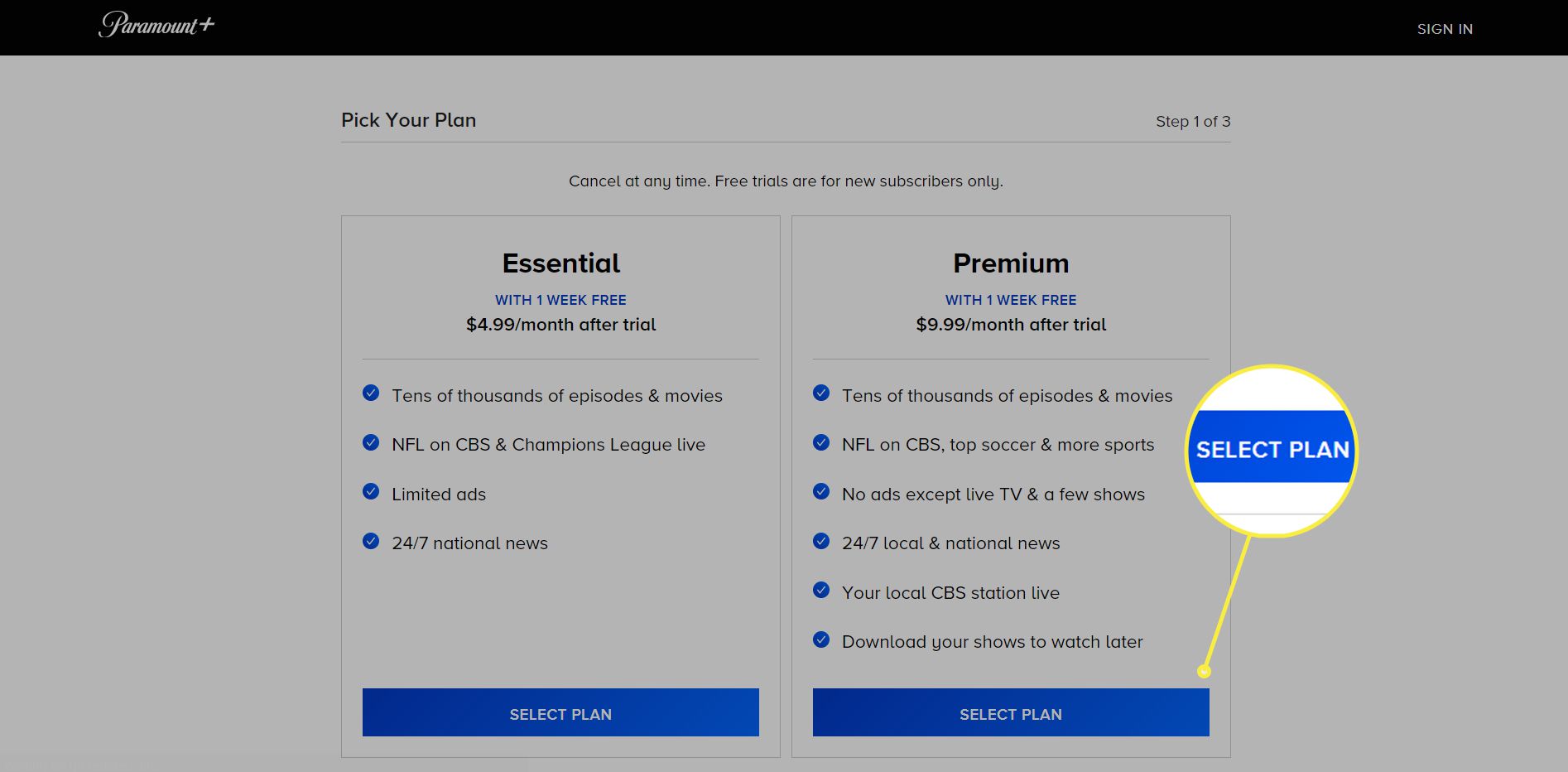 Stránka Paramount+ Vyberte svůj plán se zvýrazněným „Vybrat plán“ v prémiovém plánu.