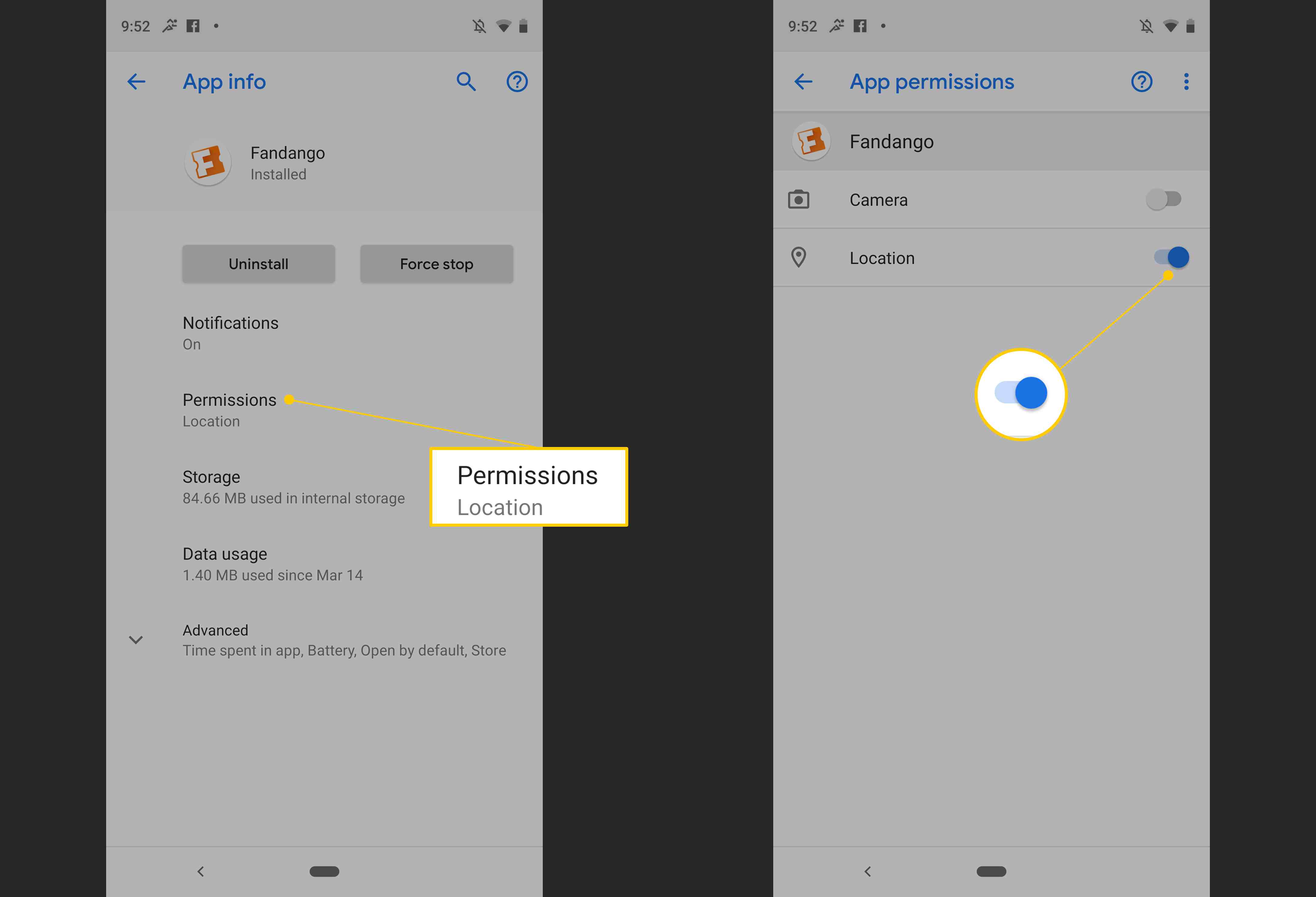 Informace o aplikaci, Oprávnění, Přepínání polohy v Nastavení systému Android