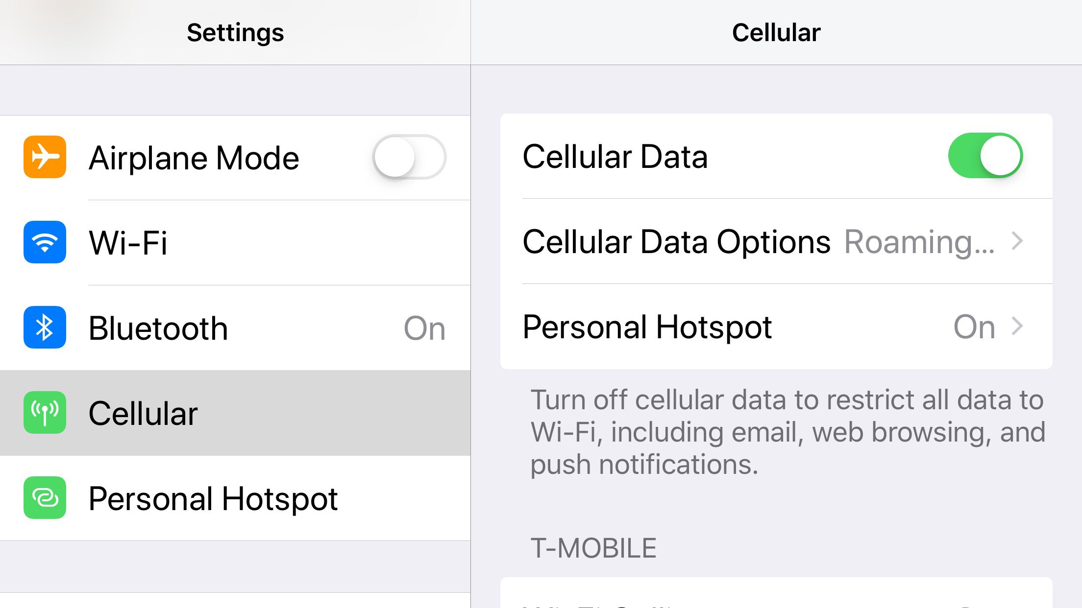 Snímek obrazovky mobilního nastavení iOS zobrazující možnost Mobilní data.