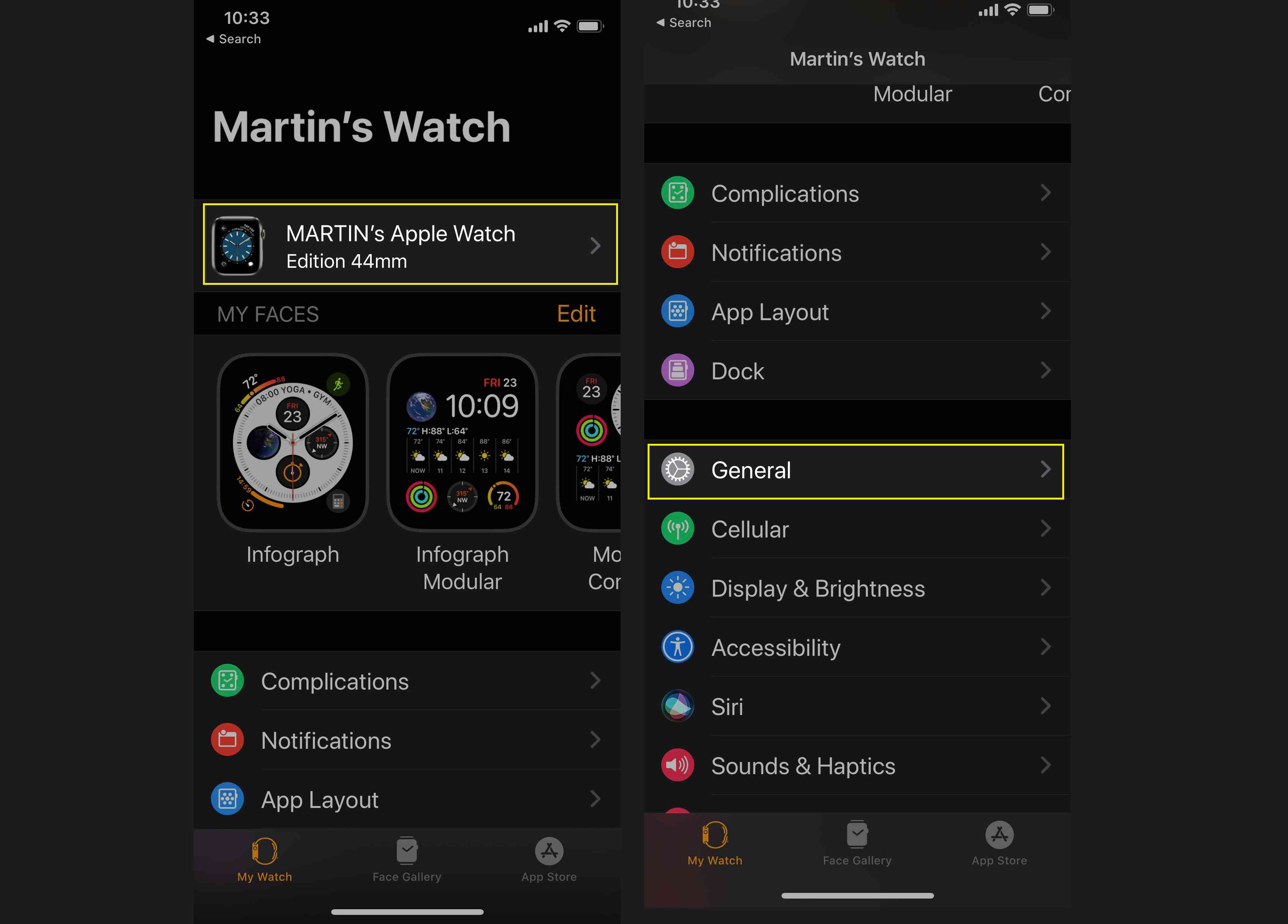 Otevřete aplikaci Apple Watch, vyberte své zařízení a poté Obecné