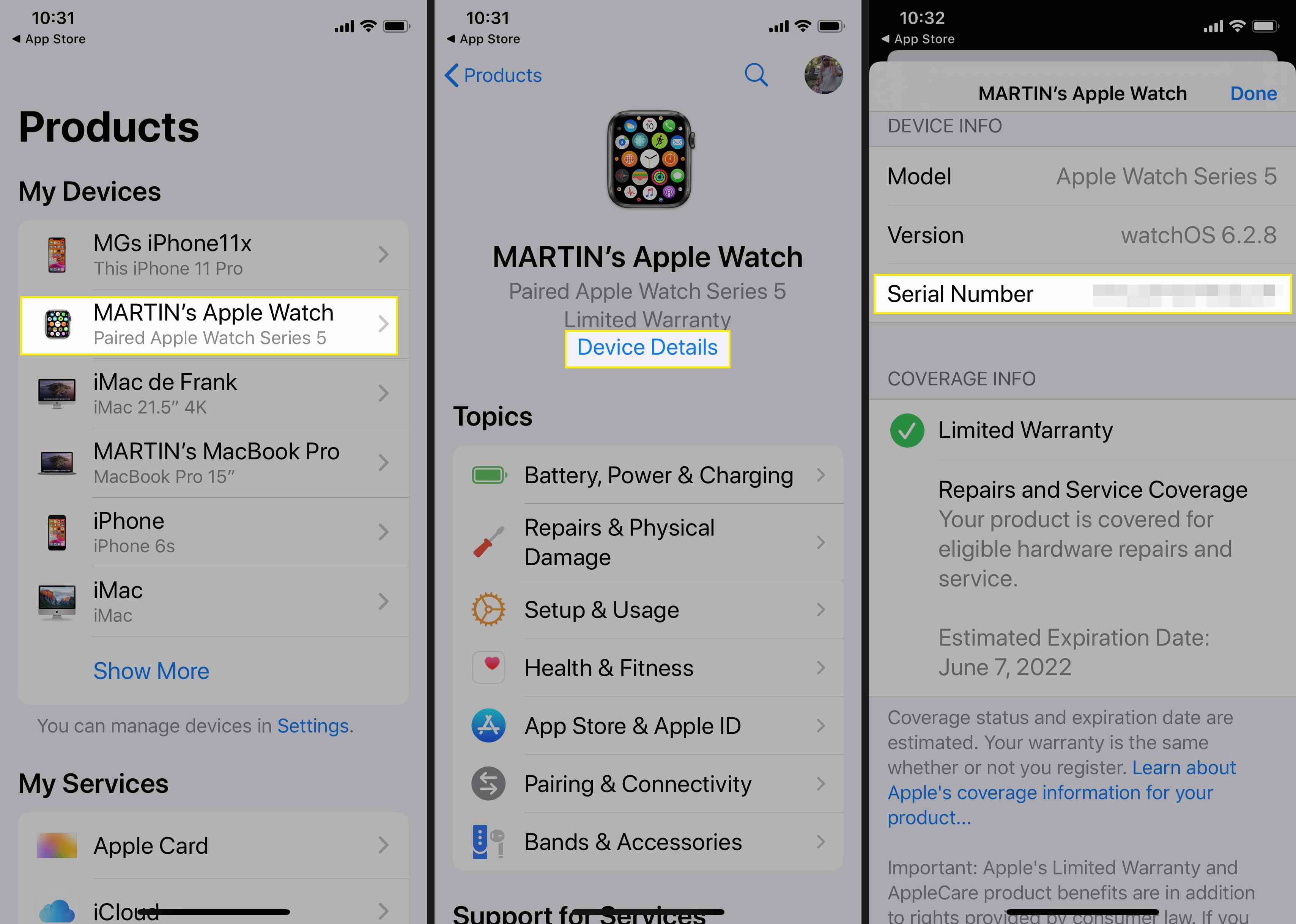 Pomocí aplikace Apple Support vyhledejte sériové číslo svého Apple Watch