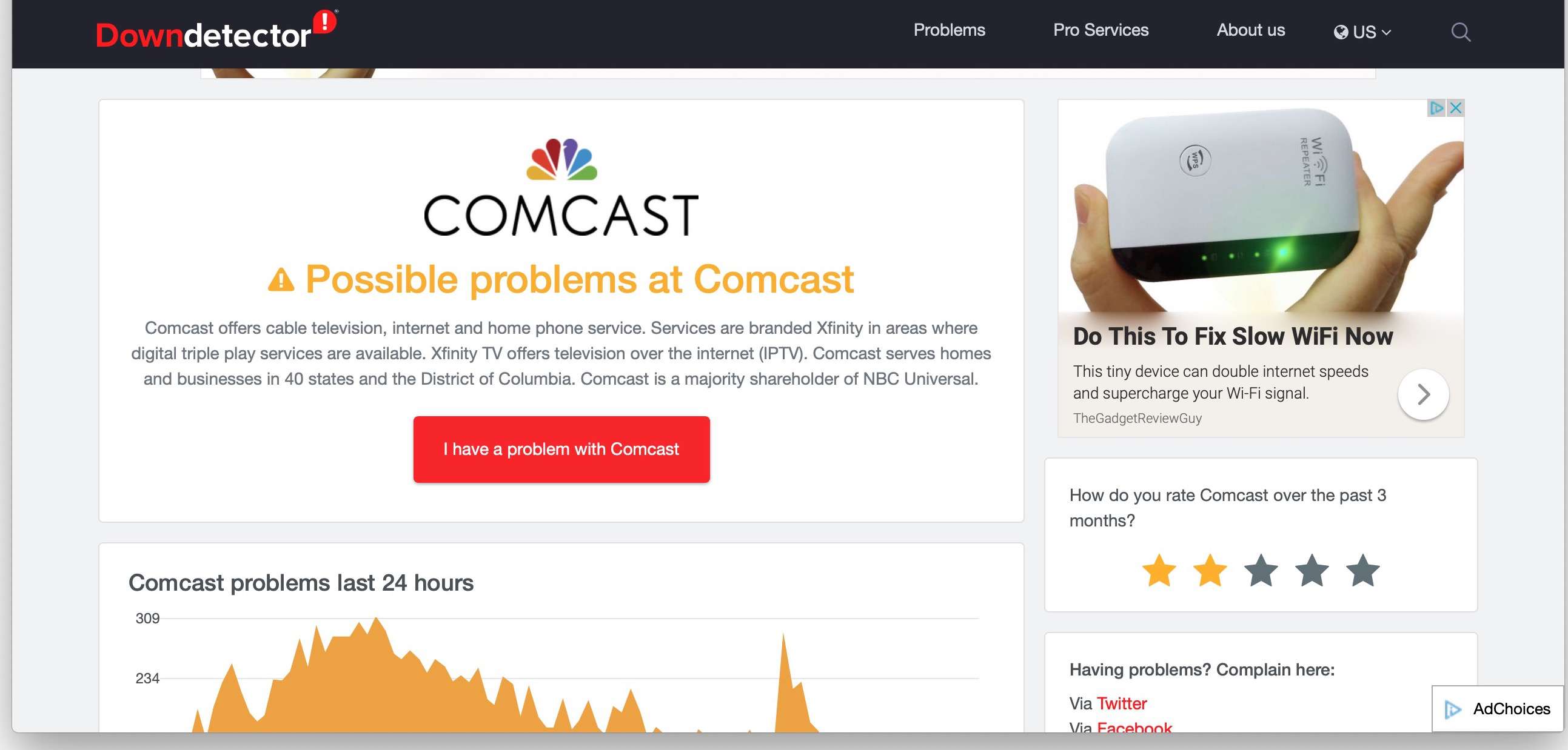 Stav služby Comcast na Downdetector