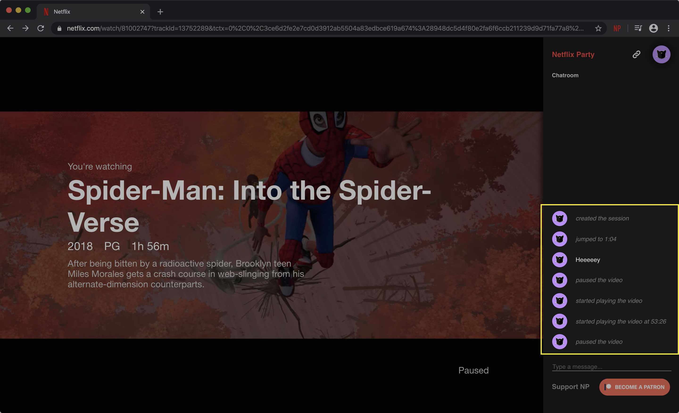 Snímek obrazovky Netflix Party se zvýrazněným oknem chatu