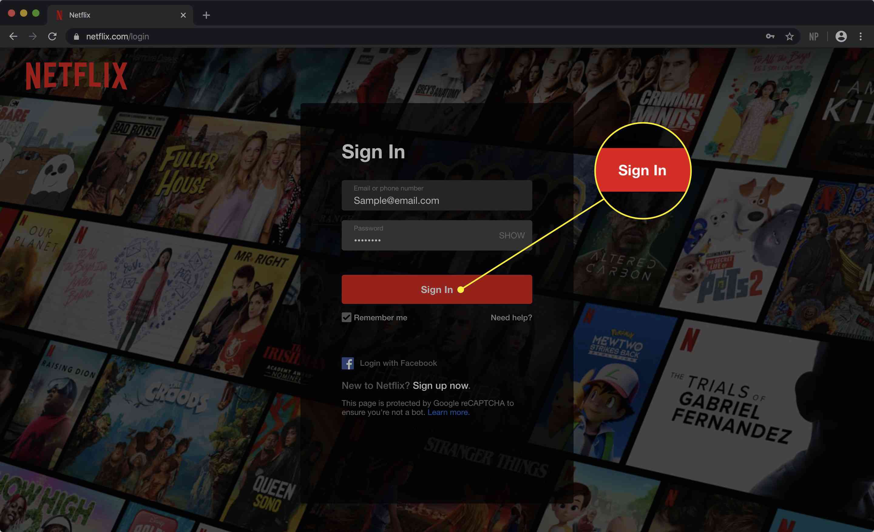 Snímek obrazovky s přihlašovací stránkou Netflix se zvýrazněným tlačítkem Přihlásit