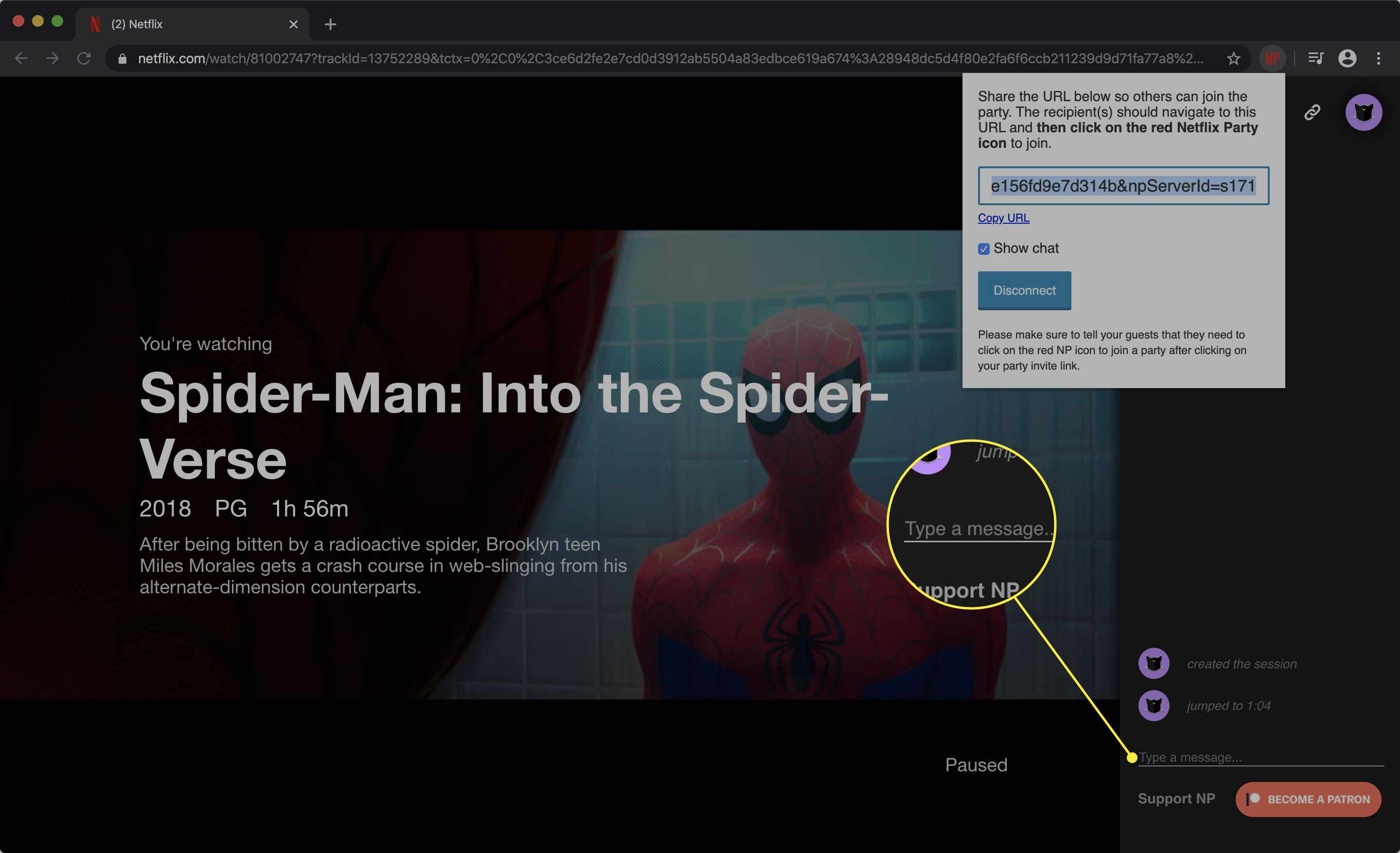 Snímek obrazovky Netflix Party se zvýrazněným rámečkem chatu