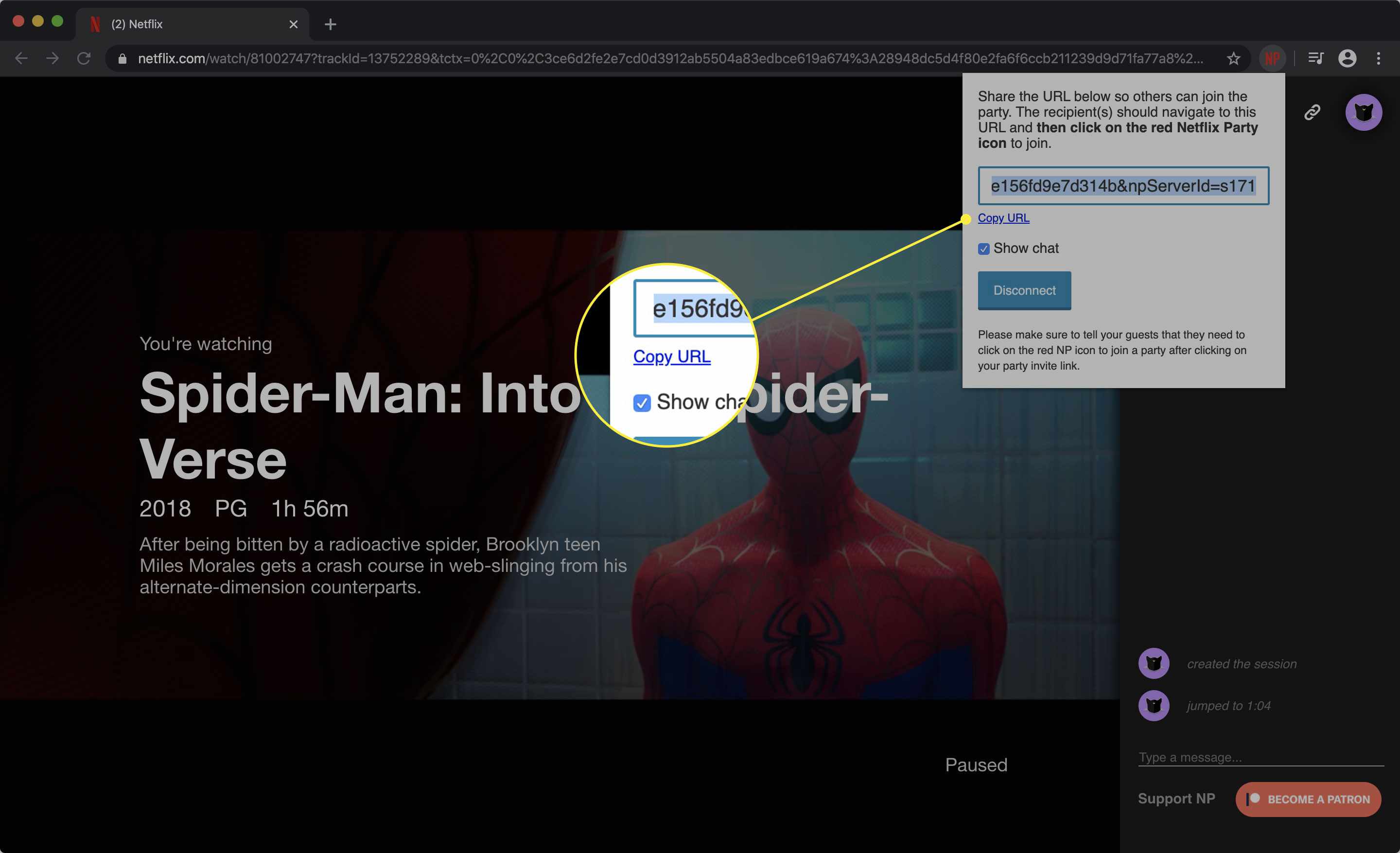 Snímek obrazovky rozhraní Netflix Party se zvýrazněným odkazem Kopírovat URL