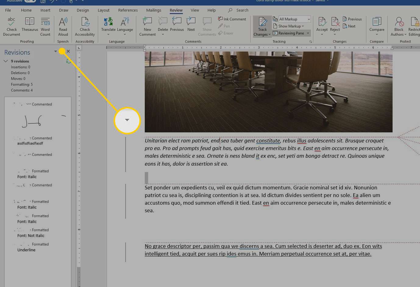 Podokno revizí v aplikaci Microsoft Word se zvýrazněnou šipkou možností