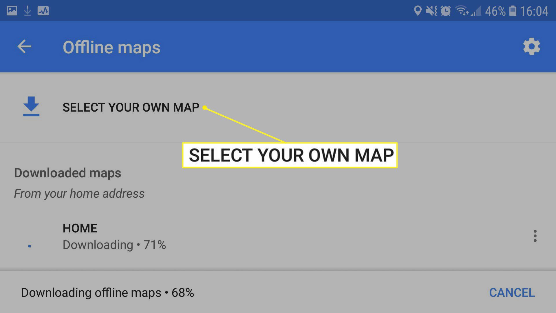 Obrazovka offline map se zvýrazněným výběrem vlastní mapy