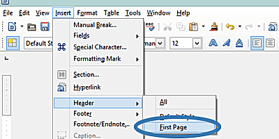Snímek obrazovky z rozevíracího seznamu nabídky Vložit LibreOffice.
