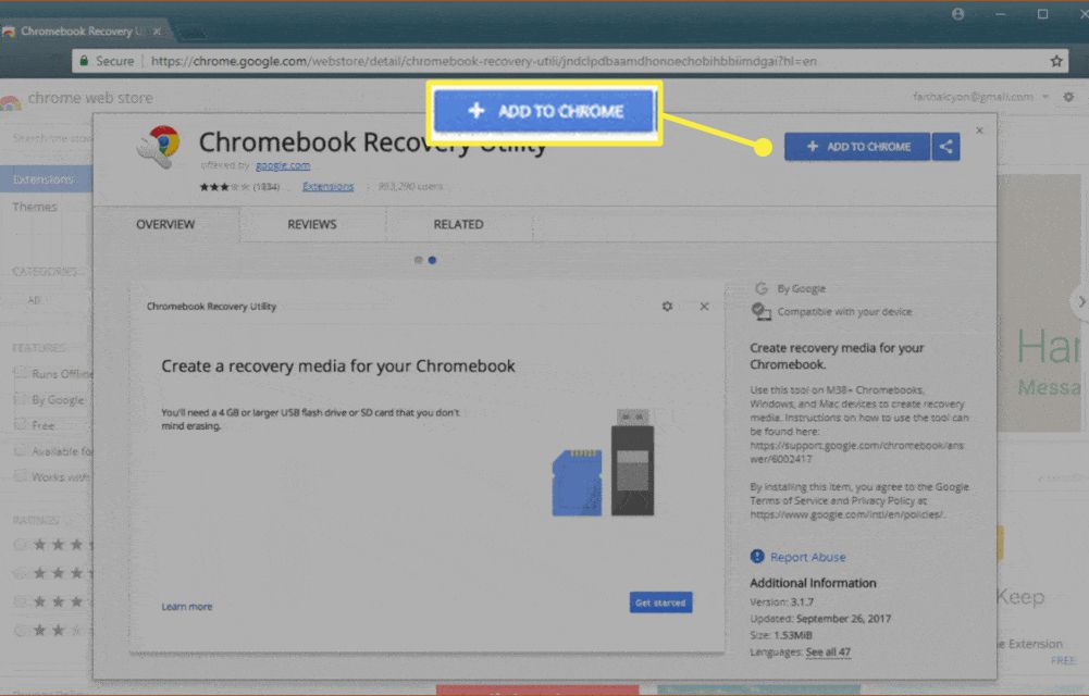 Nástroj pro obnovení Chromebooku v Obchodě Google Play.  Je zvýrazněno „Přidat do Chromu“.