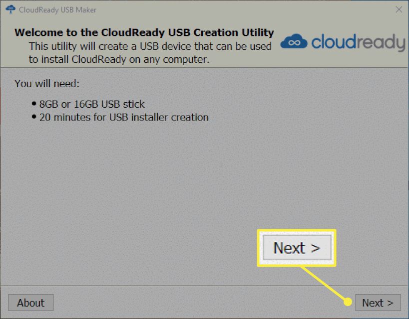 Okno instalace Cloudready se zvýrazněným tlačítkem Další