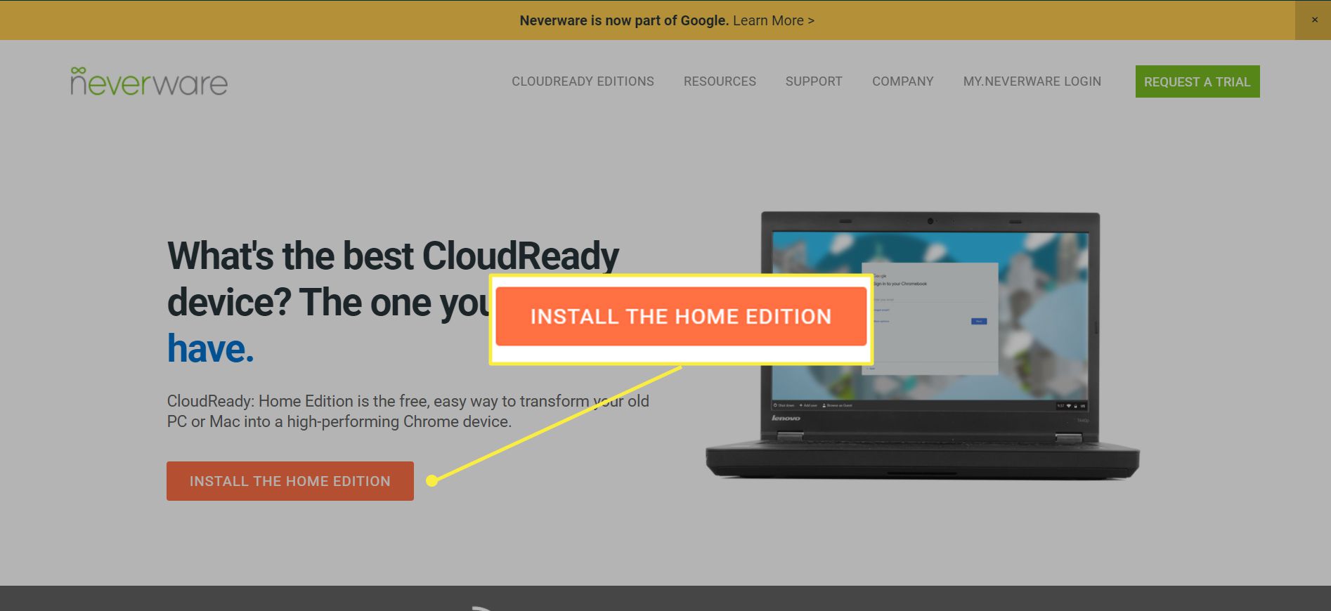 Web Neverware se zvýrazněným tlačítkem 'Install the Home Edition'