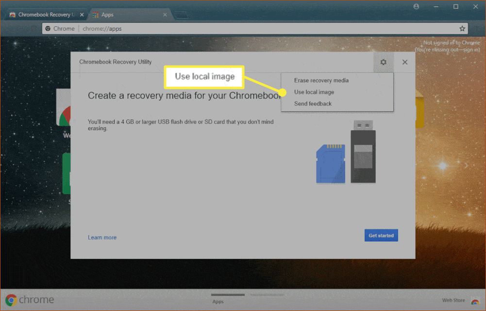Aplikace Chromebook Recovery Utility se zvýrazněným 'Use local image'