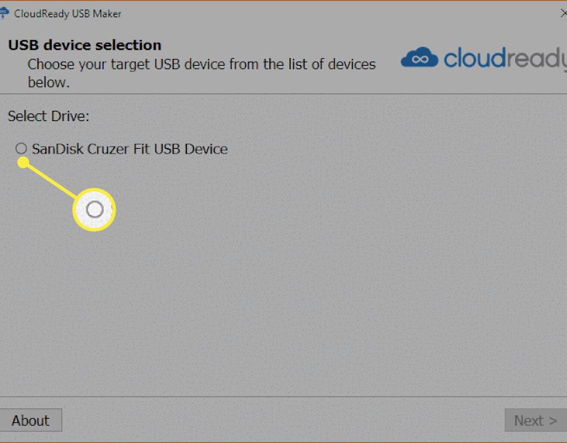 Obrazovka výběru USB zařízení instalátoru Cloudready