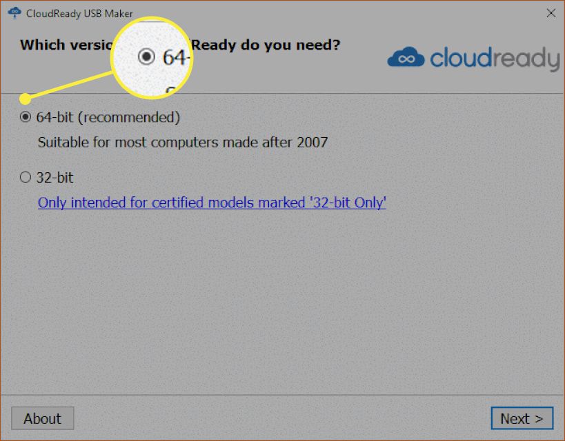 Instalační okno Cloudready se zvýrazněným '64-bitem '