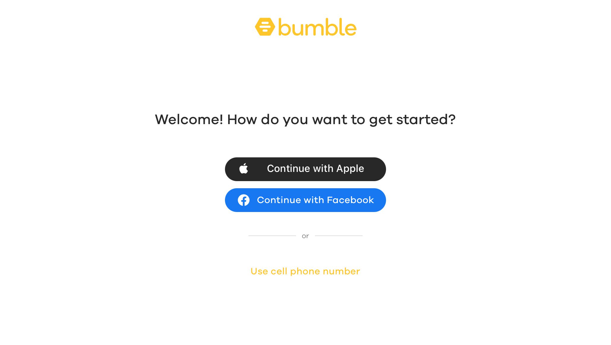Přihlašovací obrazovka Bumble se třemi způsoby otevření účtu