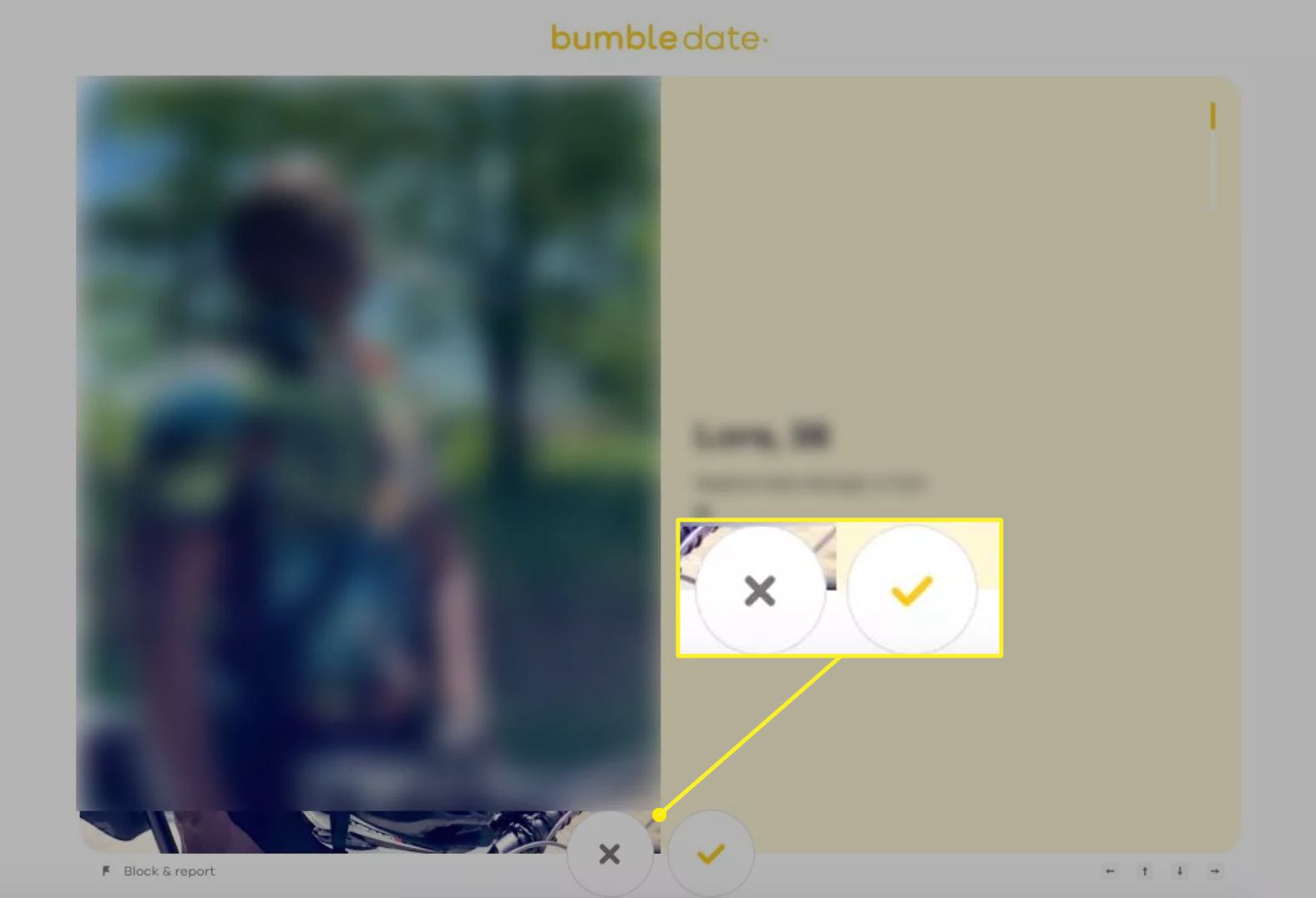 Bumble.com zobrazující tlačítka pro předávání nebo jako zápas