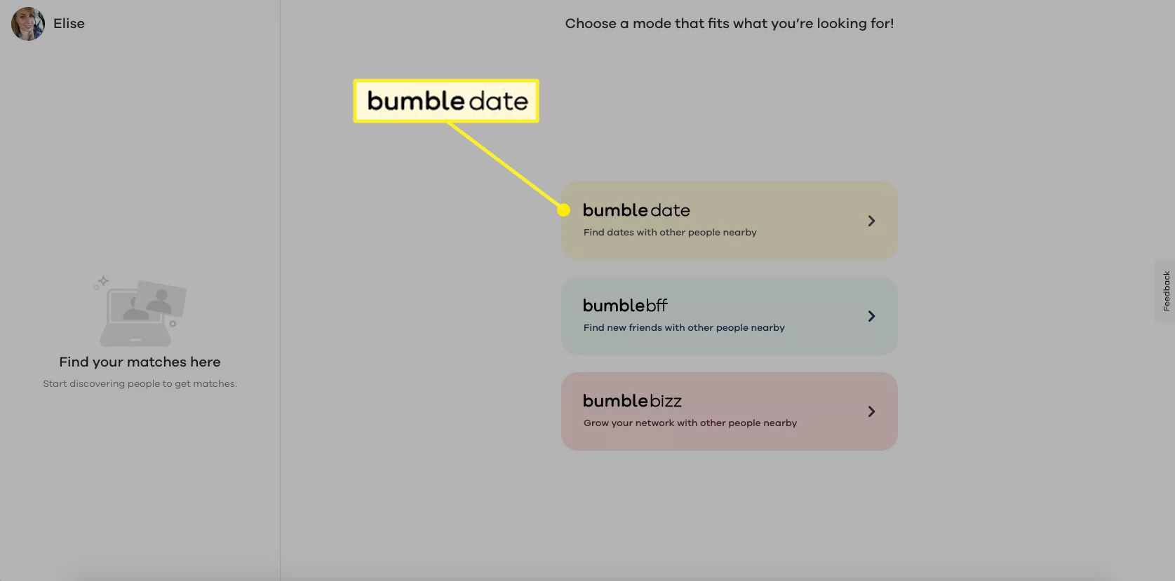 Bumble.com zobrazující možnosti BumbleDate, BumbleBFF a BumbleBizz