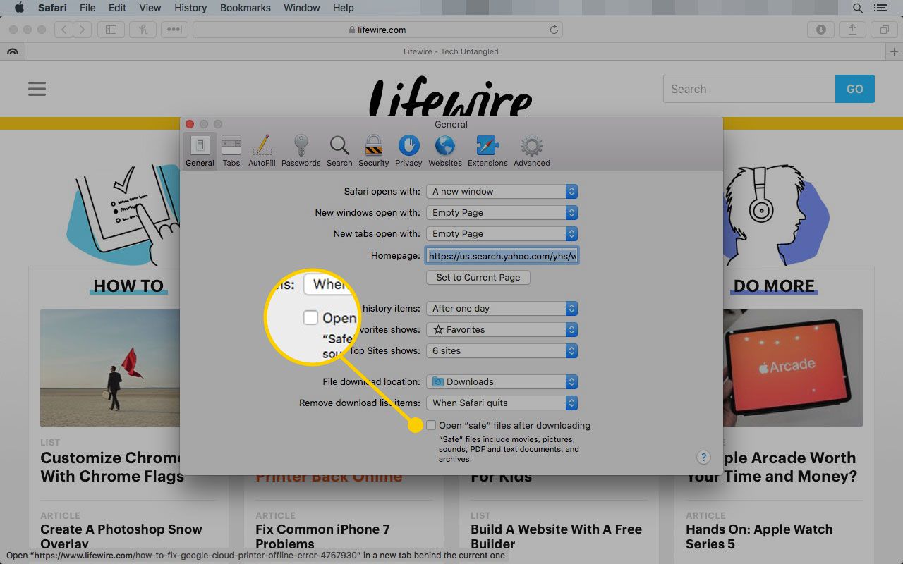 Safari Obecná nastavení pomocí "Automaticky otevírejte „bezpečné“ soubory" zvýrazněno pole