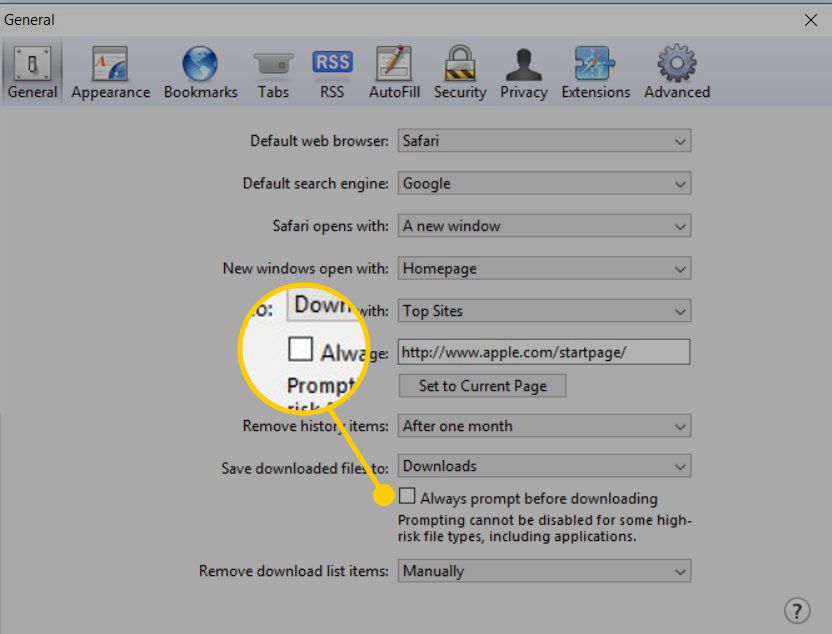 Obecná nastavení pro Safari ve Windows se zvýrazněným polem Vždy před stažením
