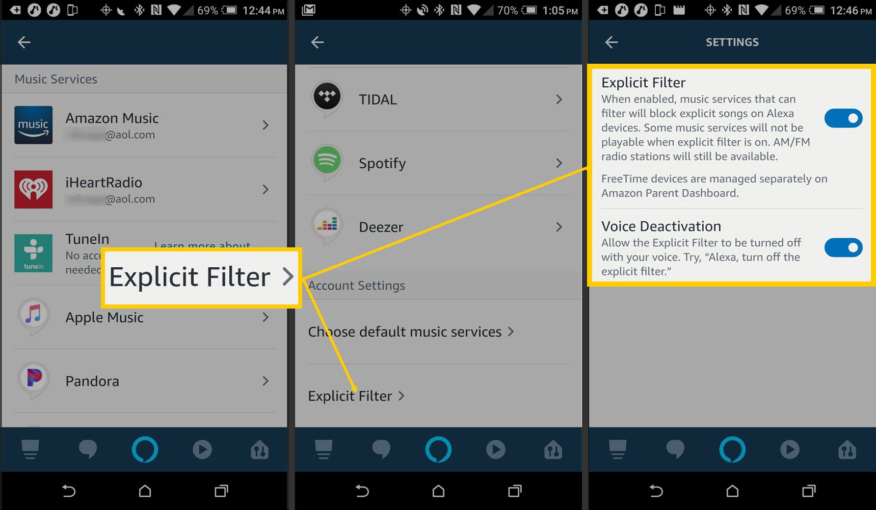 Alexa App Music Services - explicitní nastavení filtru