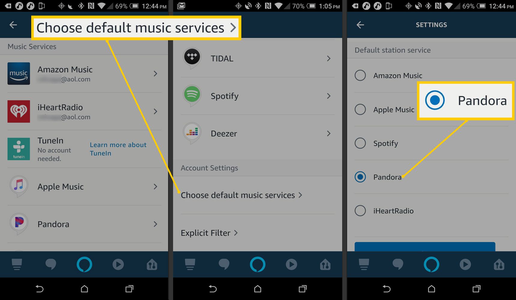 Alexa App Music Services - Vyberte výchozí hudební služby