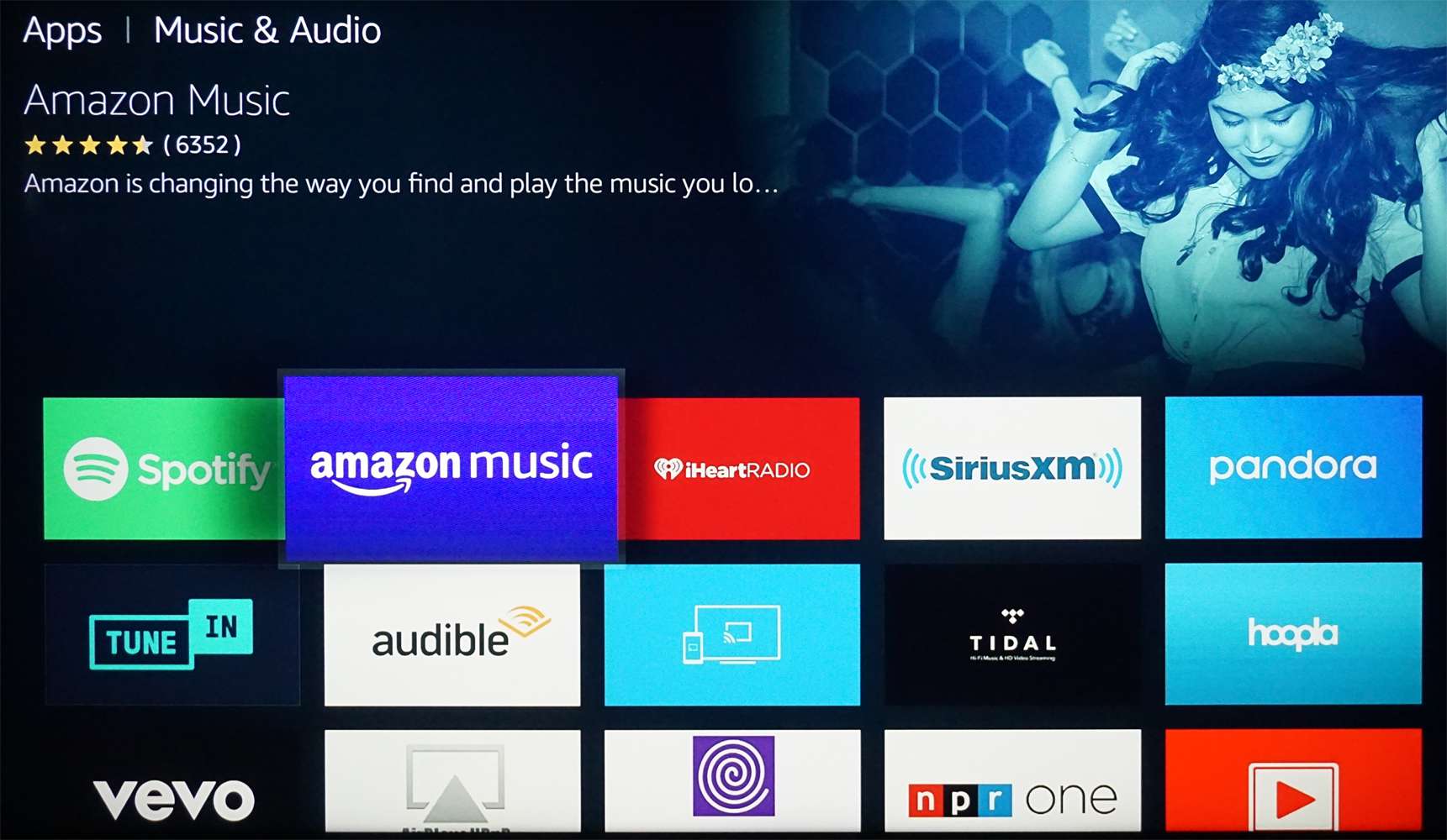 Fire TV - obrazovka aplikací pro hudbu a zvuk
