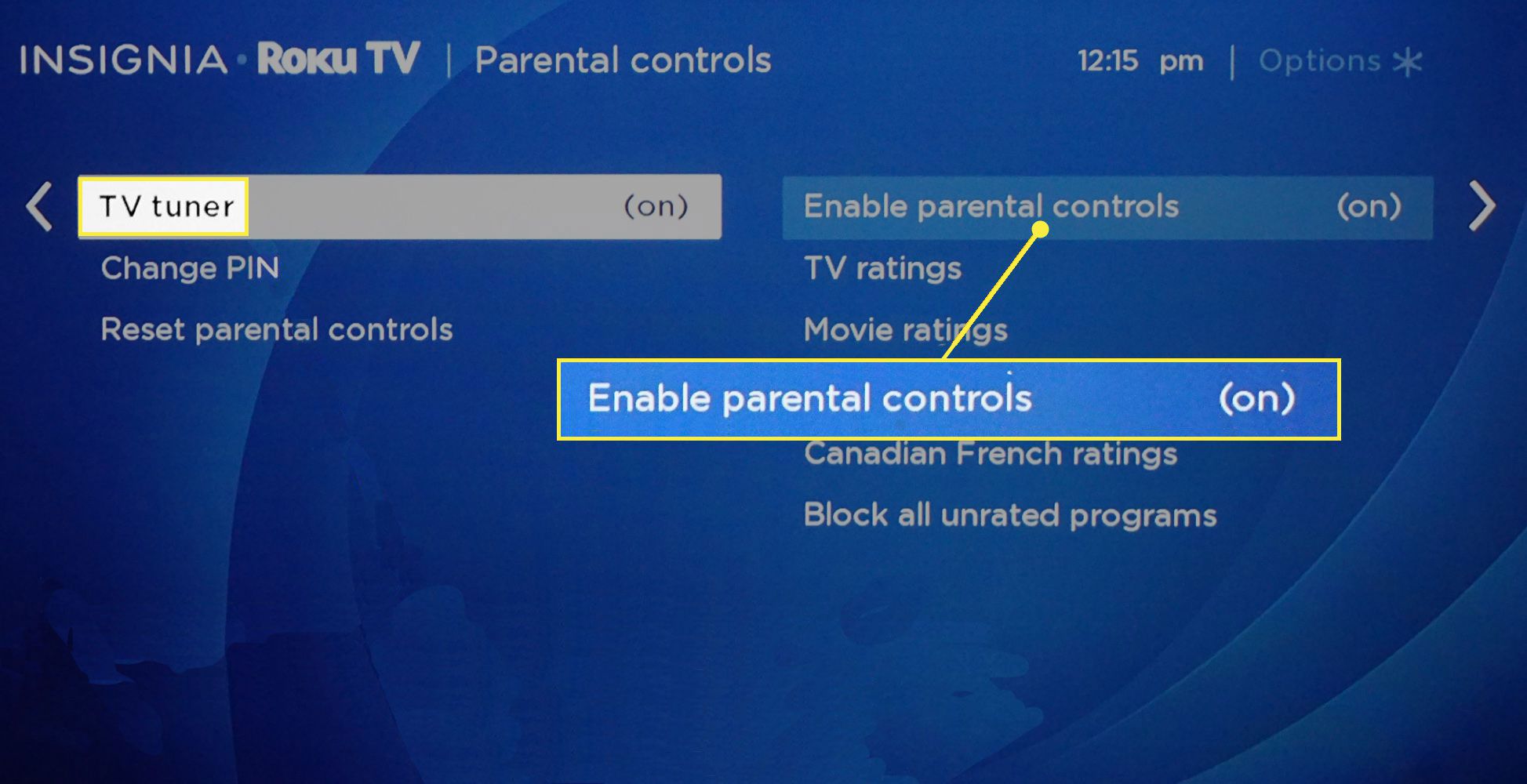 Příkaz „Povolit rodičovskou kontrolu“ pod TV tunerem na televizoru Roku