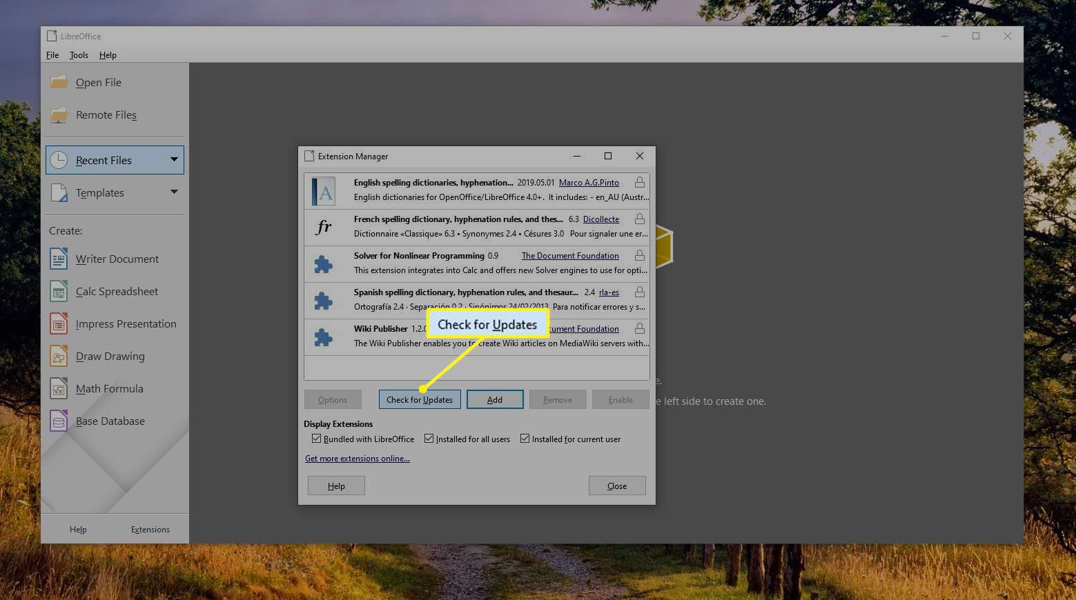 Vyhledejte aktualizace zvýrazněné ve Správci rozšíření LibreOffice