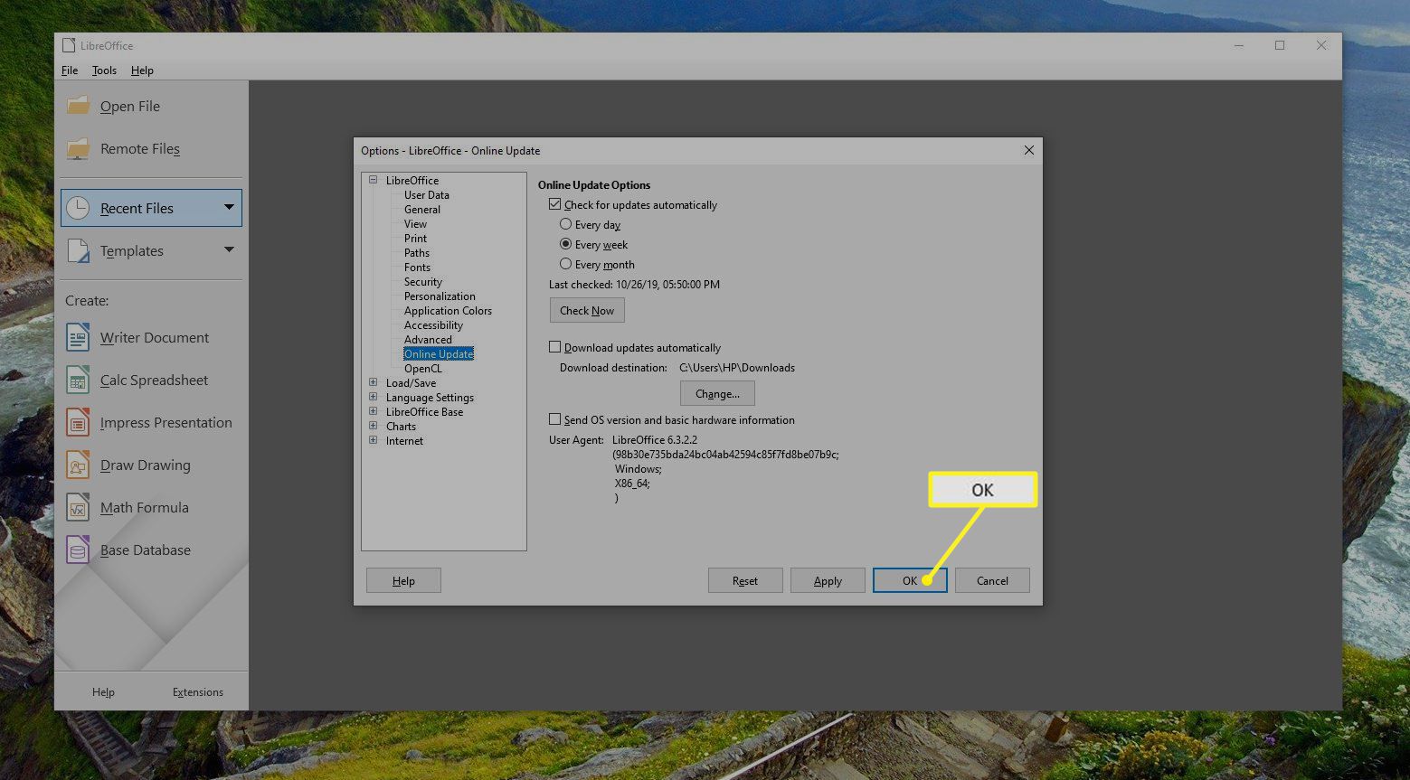 Obrazovka nastavení aktualizace LibreOffice se zvýrazněným OK