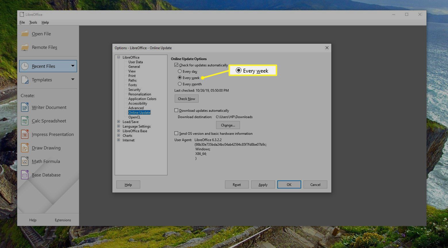 Nastavení automatické aktualizace LibreOffice se zvýrazněným Každý týden