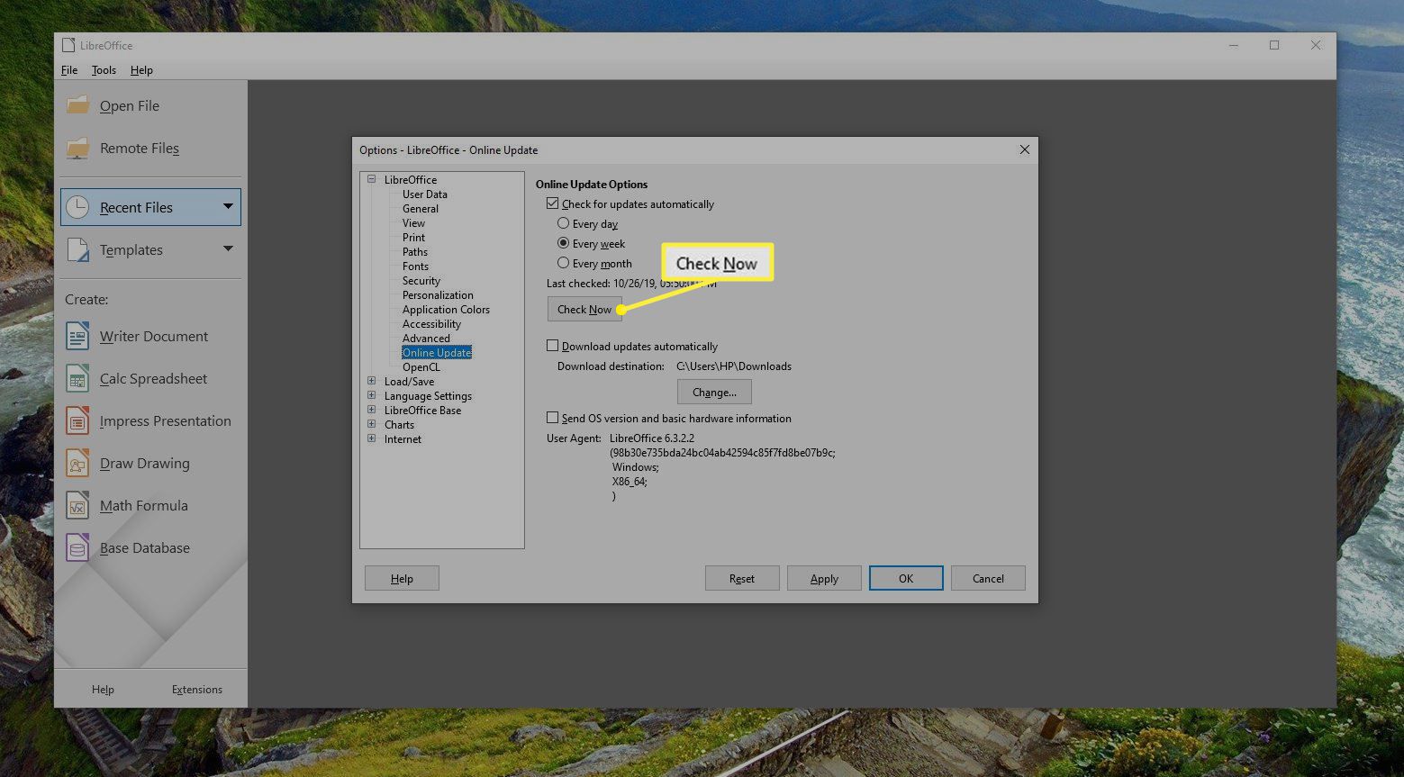 Možnost LibreOffice Zkontrolovat nyní pro online aktualizace