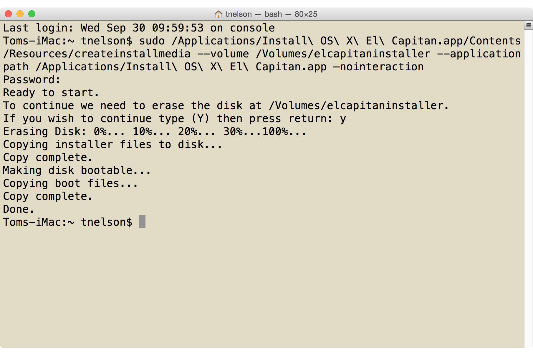 Terminálový příkaz k vytvoření zaváděcí USB flash disku OS X El Capitan
