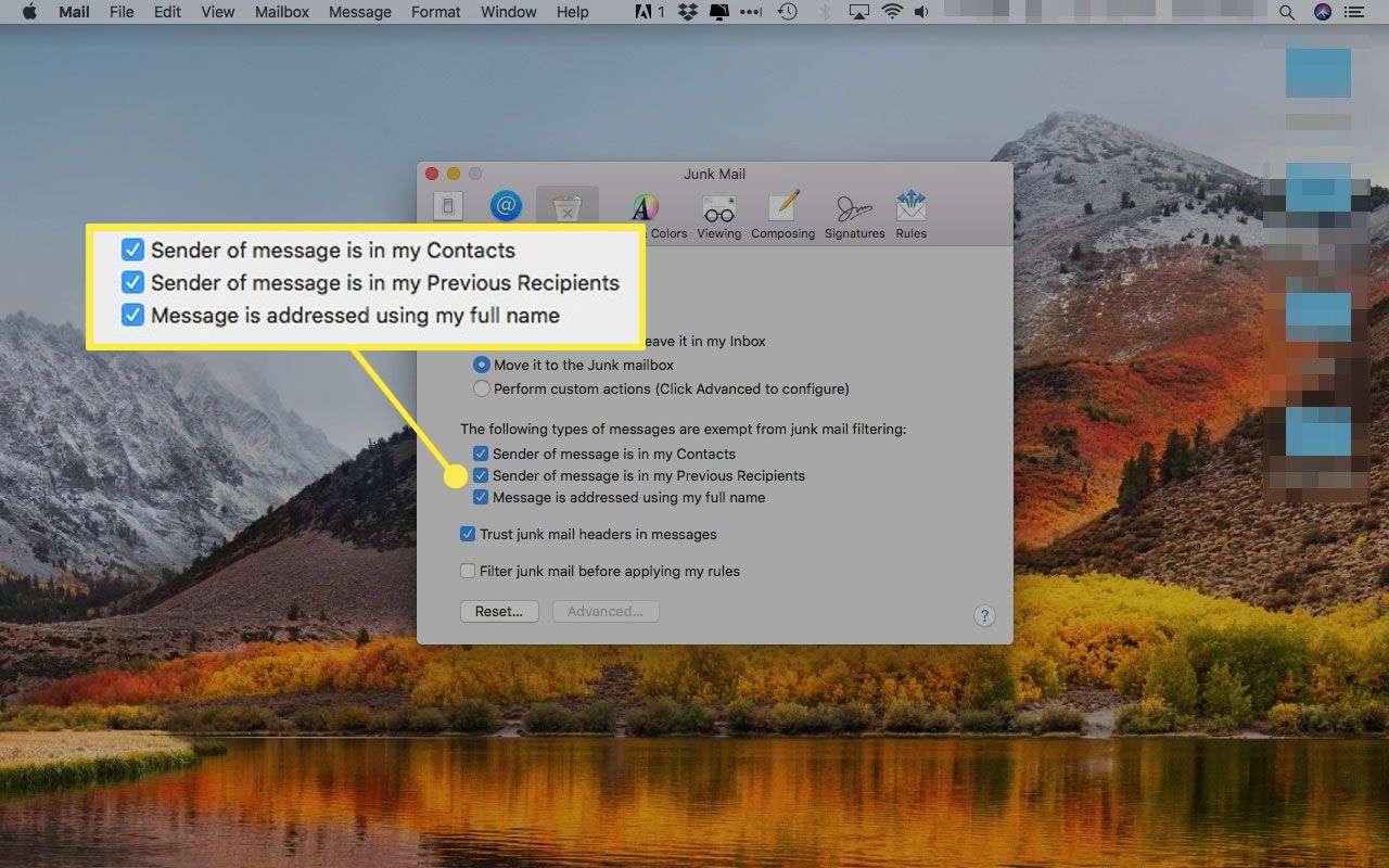 Předvolby nevyžádané pošty Apple Mail se zvýrazněnými možnostmi výjimek