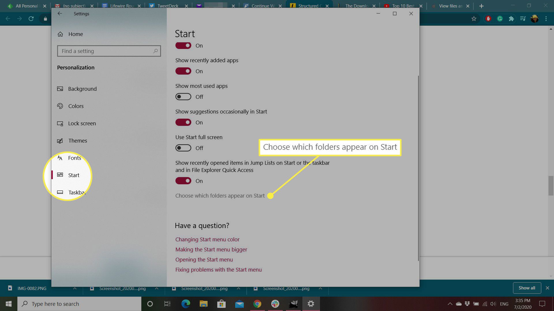 Nadpis Start a možnost „Vyberte, které složky“ v nastavení systému Windows