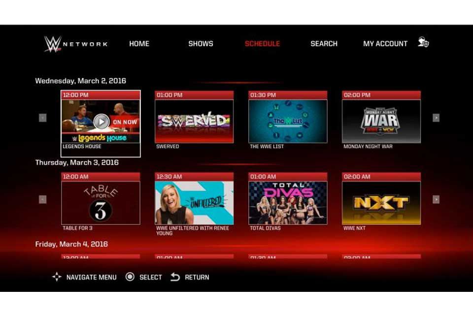 Snímek obrazovky aplikace WWE Network Samsung TV