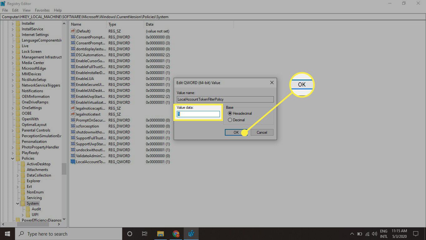 Snímek obrazovky registru Windows se zvýrazněnou číselnou hodnotou a tlačítkem OK