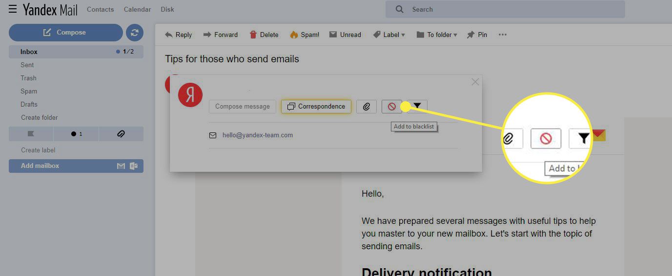 Tlačítko Přidat na černou listinu v Yandex Mail